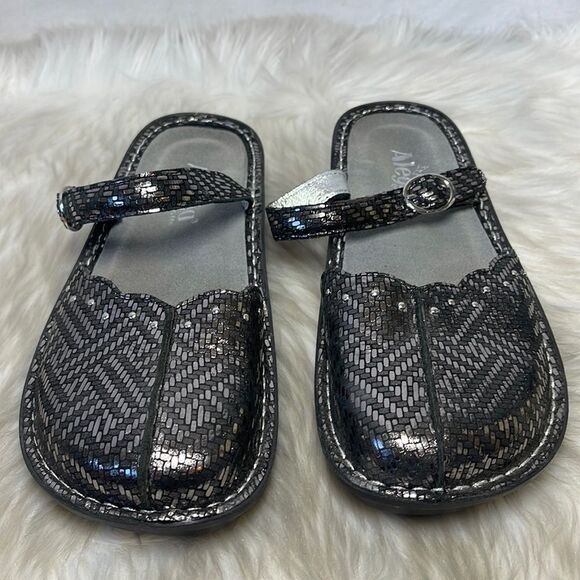 Alegria Tuscany Pewter Dazzle Leather Strapped Slides Sz 38/US 8-8.5 - Picture 2 of 7